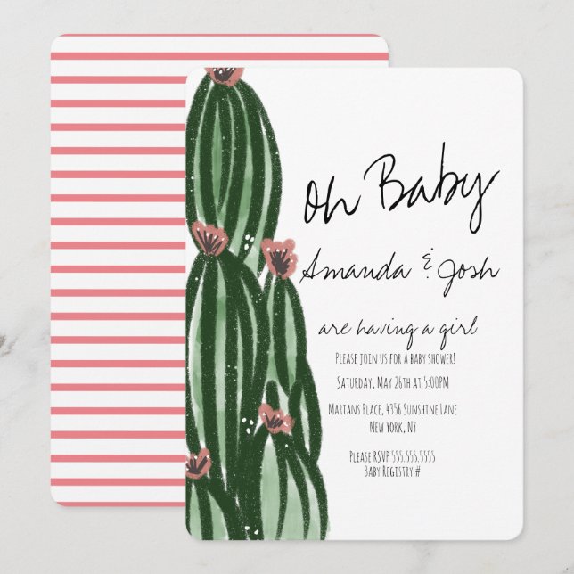 Invitación Watercolor Cactus Artsy Greenery Baby Shower (Anverso / Reverso)