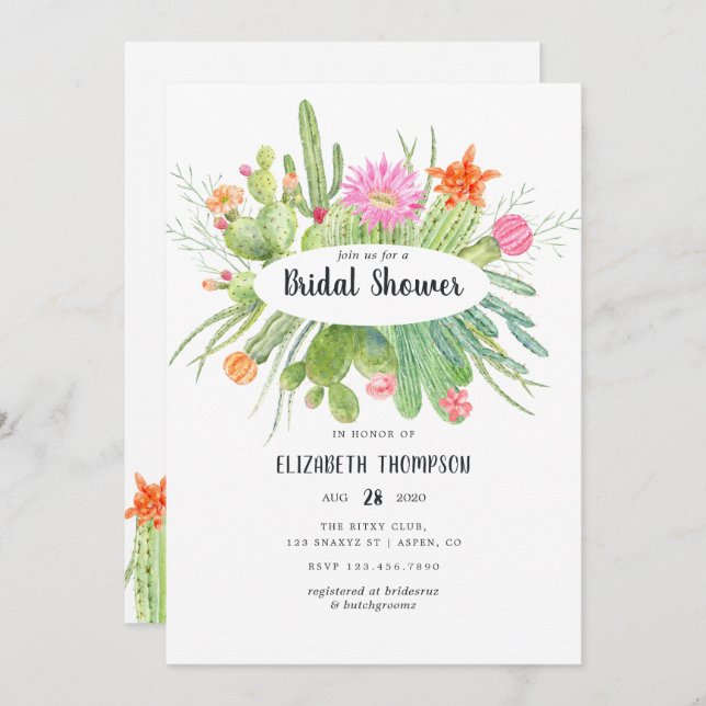 Invitación Watercolor Cactus Bridal Shower (Anverso / Reverso)