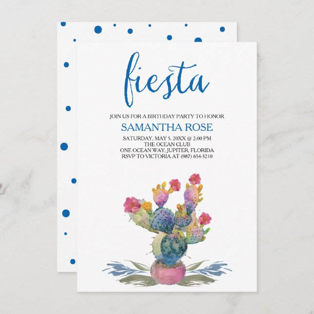Invitación Watercolor Cactus Fiesta fiesta de cumpleaños (Anverso / Reverso)