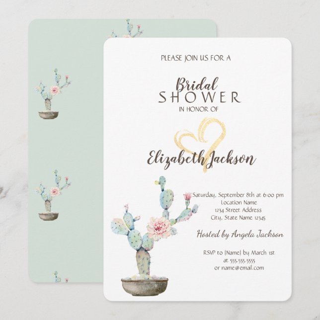 Invitación Watercolor Cactus Gold Heart Bridal Shower (Anverso / Reverso)
