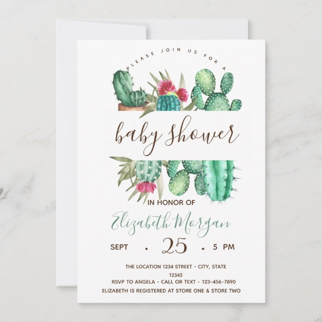 Invitación Watercolor Cactus Polka Dots Baby Shower (Anverso)