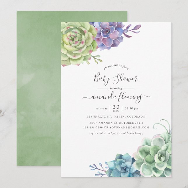 Invitación Watercolor Cactus Succulens Baby Shower (Anverso / Reverso)