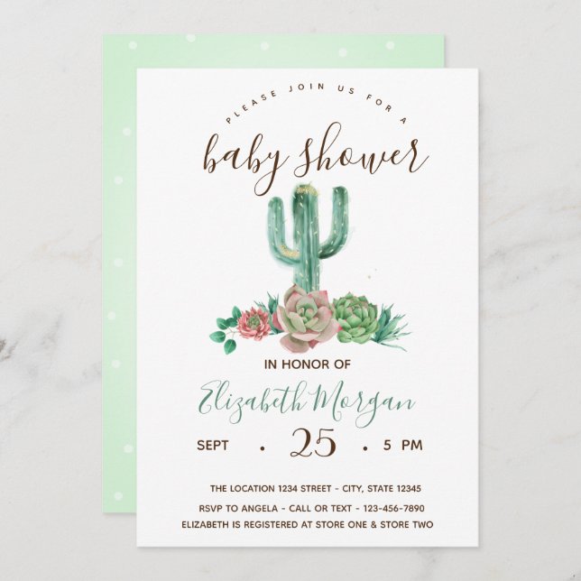 Invitación Watercolor Cactus Succulent Dots Baby Shower (Anverso / Reverso)