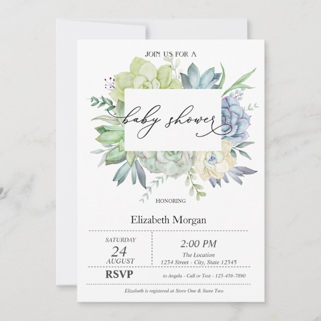 Invitación Watercolor Cactus Succulents Dots Baby Shower (Anverso)