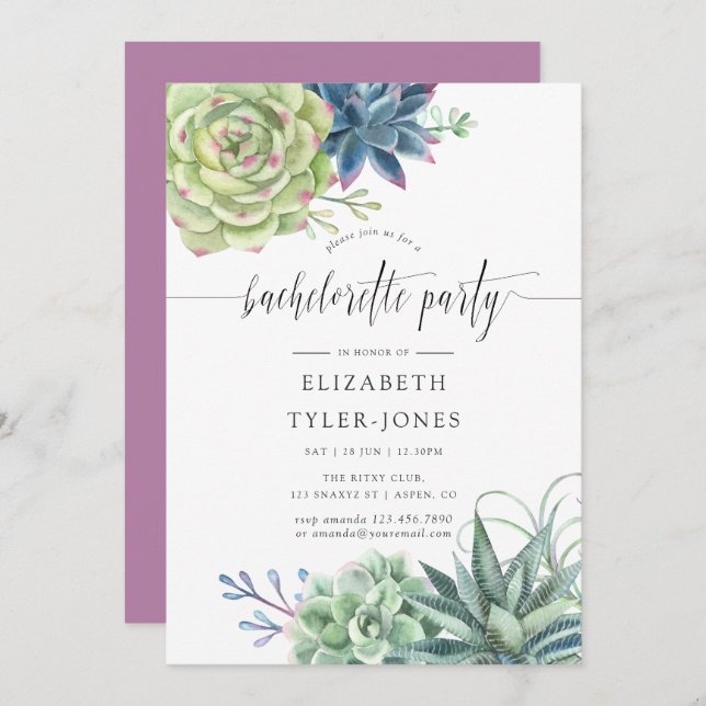 Invitación Watercolor Cactus Suculens Bachelorette Party (Anverso / Reverso)
