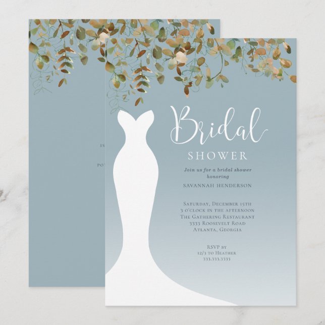 Invitación Watercolor Caída Verdor Dusty Blue Bridal Shower (Anverso / Reverso)