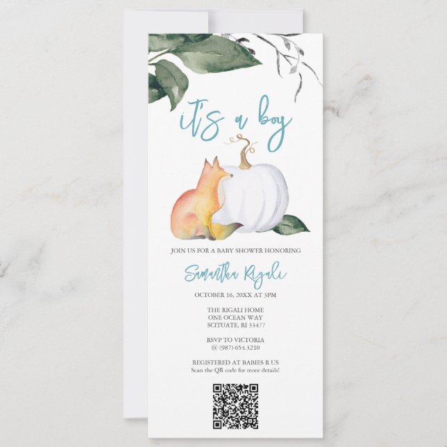 Invitación Watercolor Caída Woodland Baby Boy Shower (Anverso)