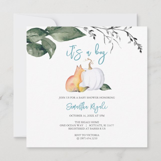 Invitación Watercolor Caída Woodland Baby Boy Shower (Anverso)