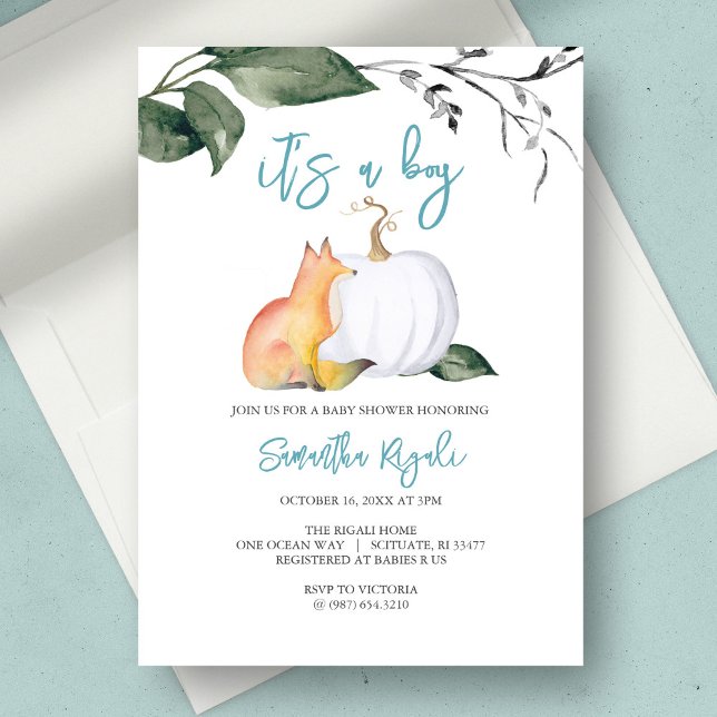 Invitación Watercolor Caída Woodland Baby Boy Shower (baby shower invitation fall boy fox white pumpkin)