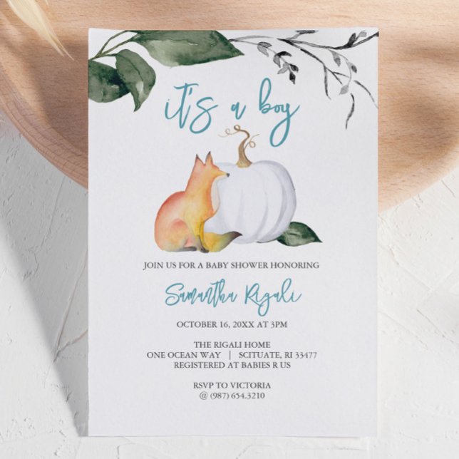 Invitación Watercolor Caída Woodland Baby Boy Shower (Autumn-themed baby shower invites woodland fox and white pumpkin boy Design by Victoria Grigaliunas)