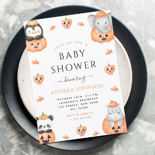 Invitación Watercolor Calabaza Animales Halloween Baby Shower