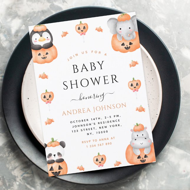 Invitación Watercolor Calabaza Animales Halloween Baby Shower (Subido por el creador)