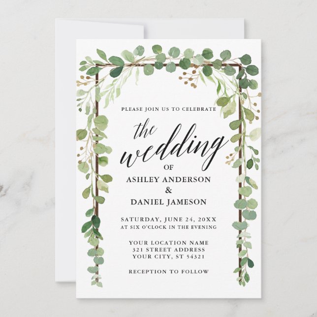 Invitación Watercolor Caligrafía Botánica Boda de madera (Anverso)