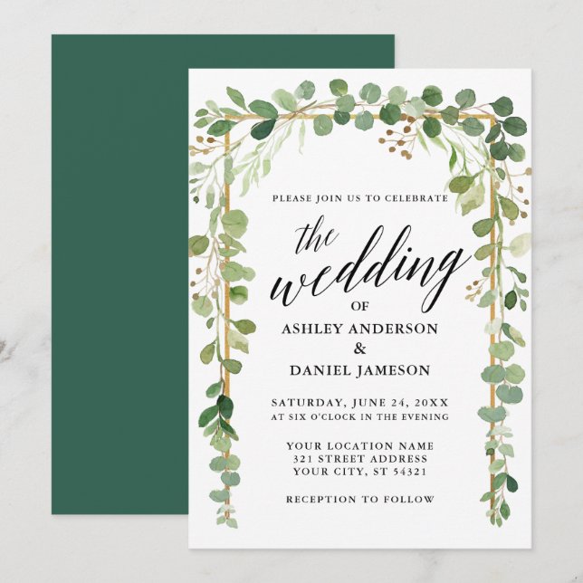 Invitación Watercolor Caligrafía Botánica Boda Gold (Anverso / Reverso)