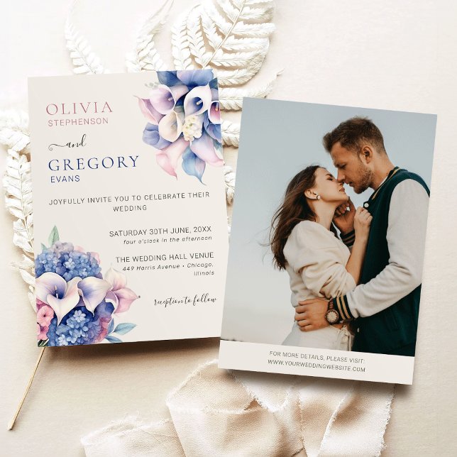 Invitación Watercolor Calla Lilies & Hydrangeas Foto Boda (Subido por el creador)