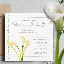 Invitación Watercolor Calla Lily con Boda de marco dorado