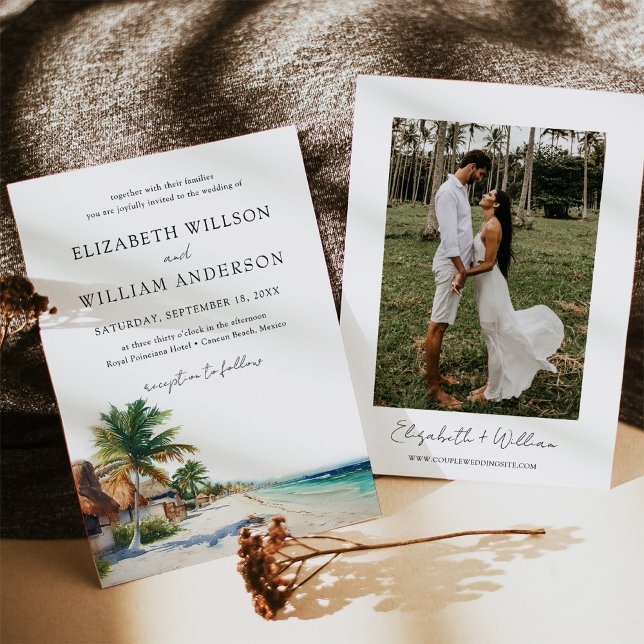 Invitación Watercolor Cancún México Beach Wedding Photo (Stunning Watercolor Cancun Beach Wedding Invitation with Photo - Perfect for a Destination Wedding)