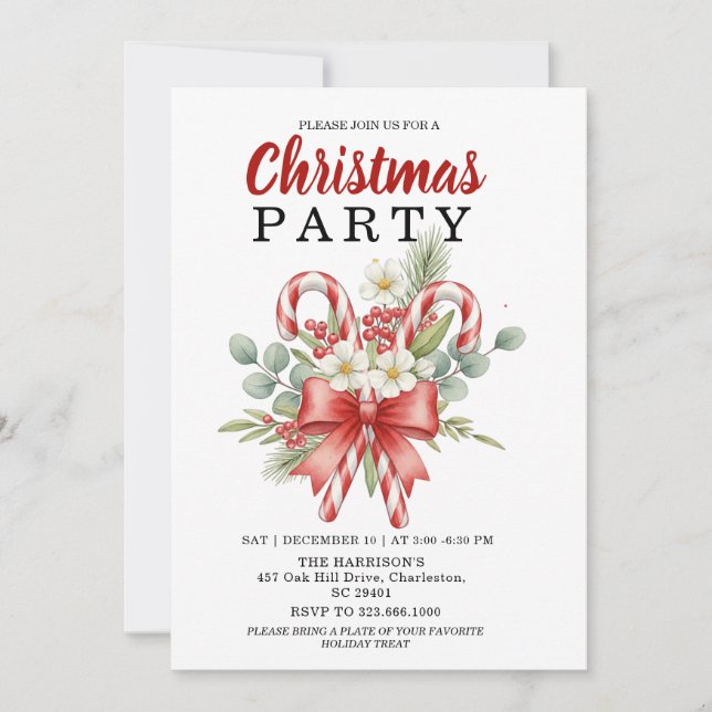 Invitación Watercolor Candy Cane & Red Bow Christmas Holiday  (Anverso)