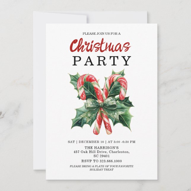 Invitación Watercolor Candy Cane & Red Bow Christmas Holiday  (Anverso)
