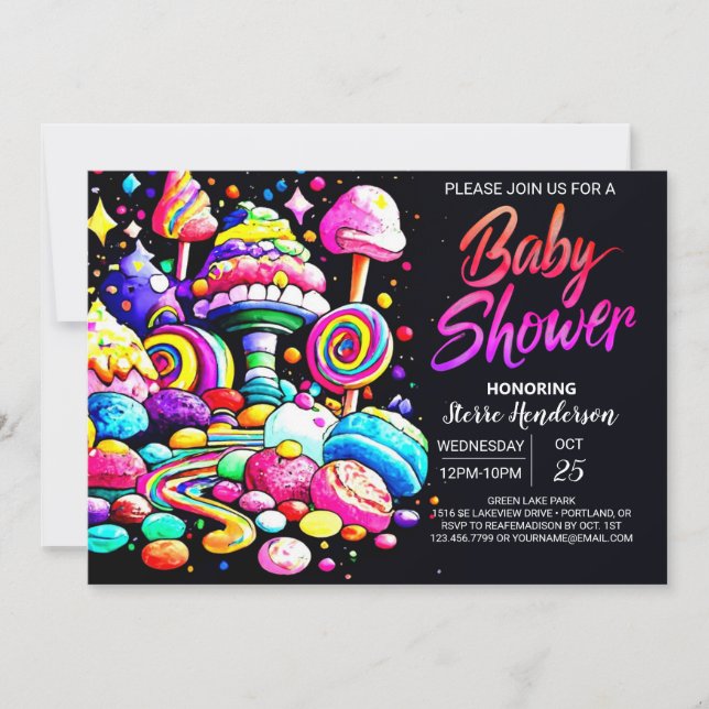 Invitación Watercolor Candyland Baby Shower (Anverso)