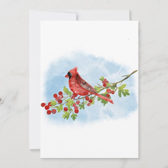 Invitación Watercolor Cardinal Bird on Berry Branch (Anverso)