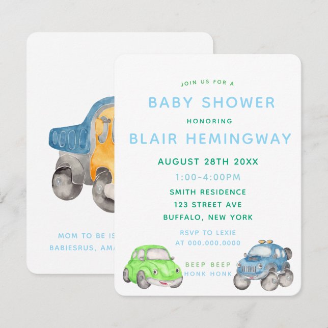 Invitación Watercolor Cars Boy Baby Shower (Anverso / Reverso)