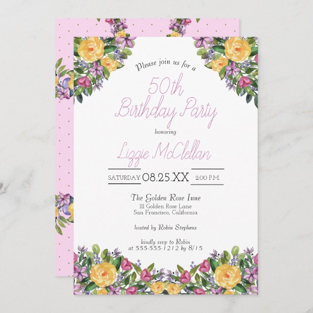 Invitación Watercolor Cascading Floral Bouquet Birday Party (Anverso / Reverso)