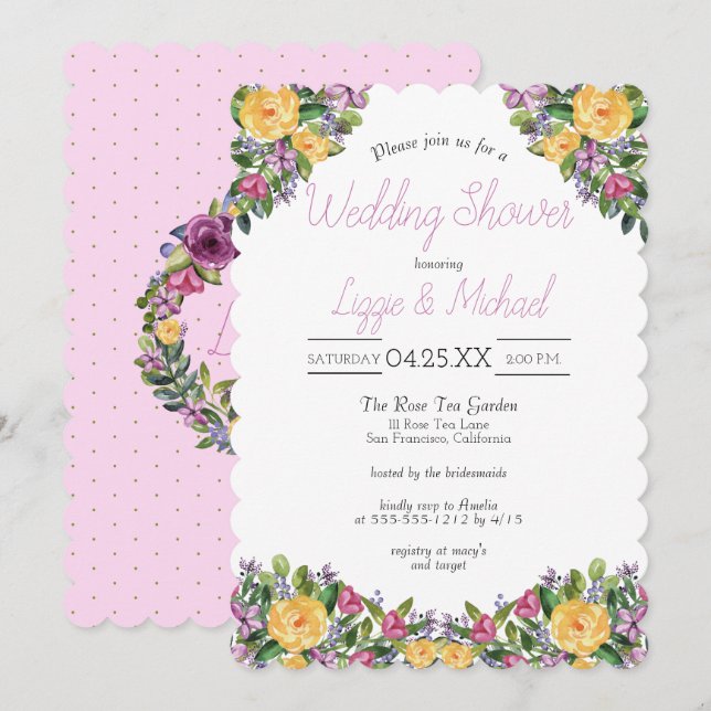 Invitación Watercolor Cascading Floral Bouquet Wedquet Shower (Anverso / Reverso)