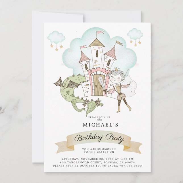 Invitación Watercolor Castle Prince Dragon Birday (Anverso)