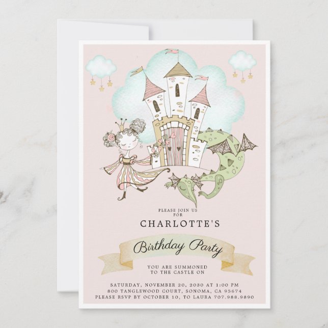 Invitación Watercolor Castle Princess Dragon Pink Birday (Anverso)