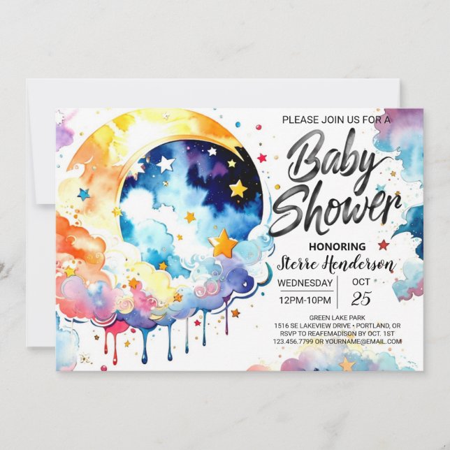 Invitación Watercolor Celestial Baby Shower Dreams (Anverso)