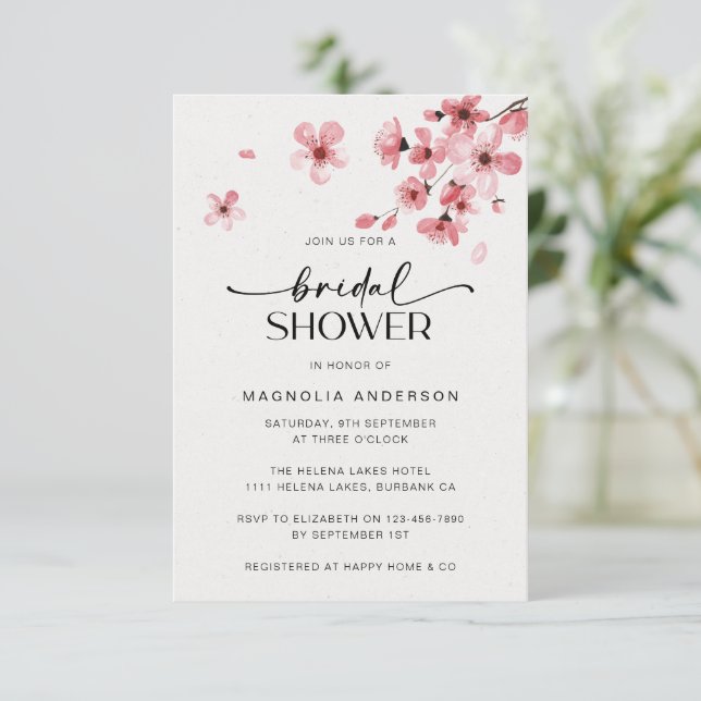 Invitación Watercolor Cerezo Blossom Bridal Shower (Anverso de pie)