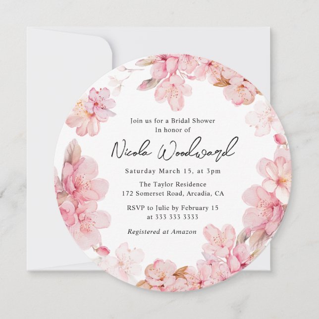 Invitación Watercolor Cerezo Blossom Wreath Bridal Shower (Anverso)