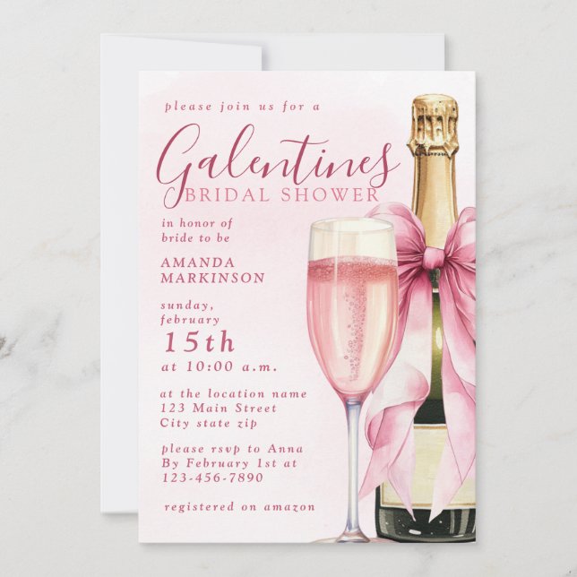 Invitación Watercolor Champagne Galentines Bridal Shower (Anverso)