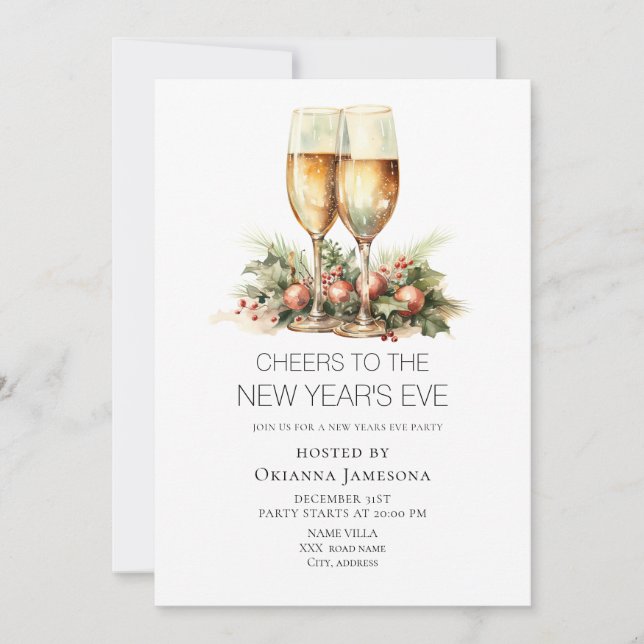 Invitación Watercolor Champagne New Year's Eve Party  (Anverso)