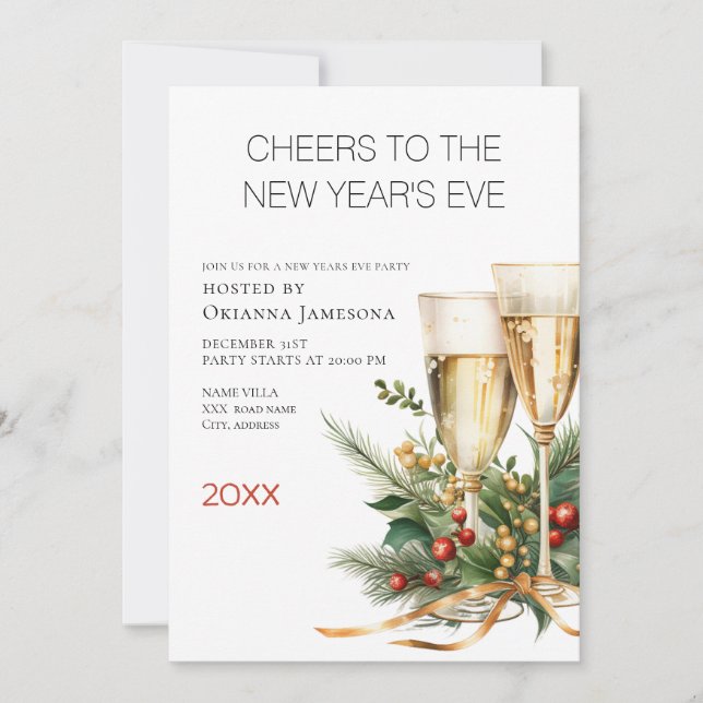 Invitación Watercolor Champagne New Year's Eve Party  (Anverso)
