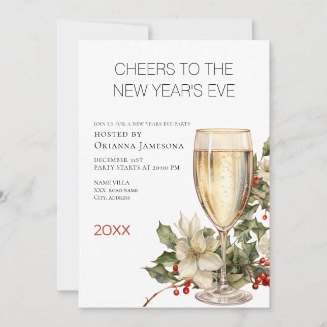 Invitación Watercolor Champagne New Year's Eve Party  (Anverso)