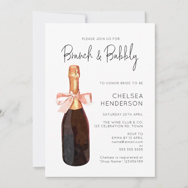 Invitación Watercolor Champagne rosa Brunch & Bubbly Shower (Anverso)