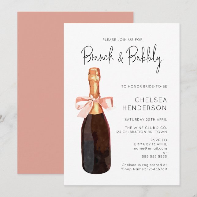 Invitación Watercolor Champagne rosa Brunch & Bubbly Shower (Anverso / Reverso)