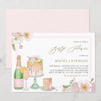 Watercolor Champagne y Cake Floral Baby Shower