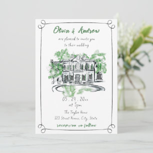 Invitación Watercolor Chateau Georgian Manor Venue Boda