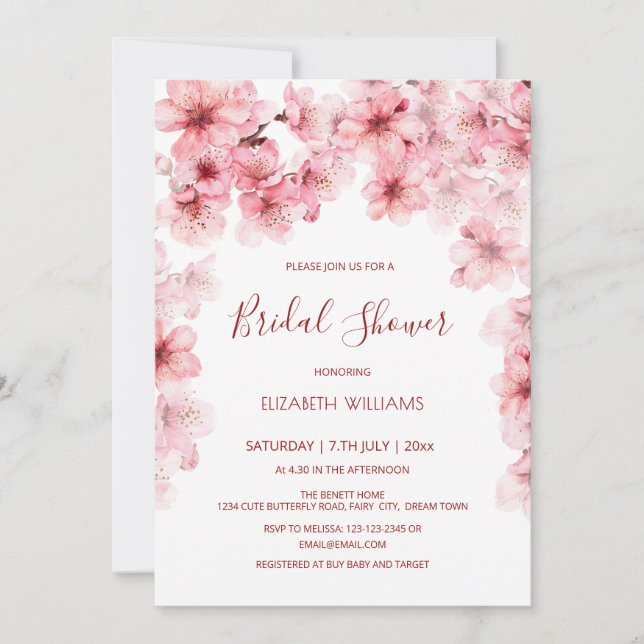 Invitación  Watercolor Cherry Blossom Bridal Shower (Anverso)
