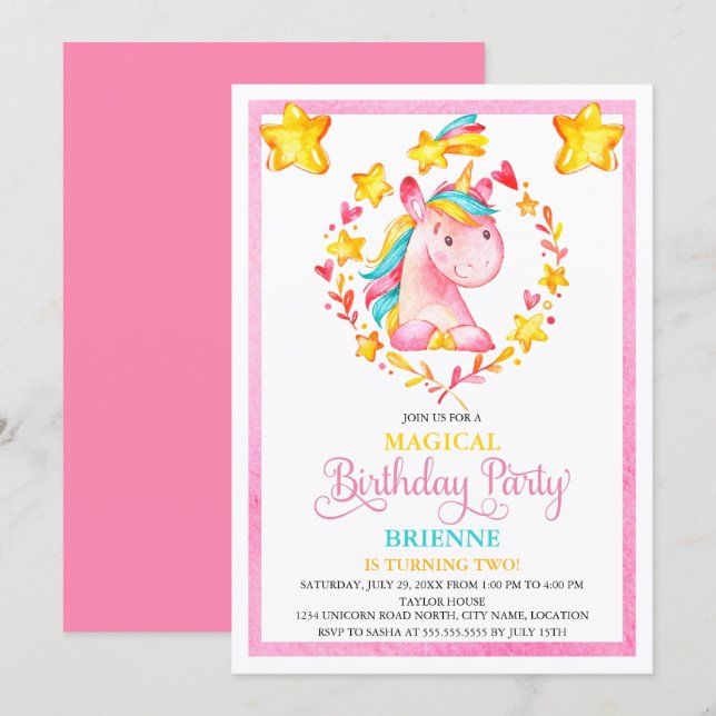 Invitación Watercolor Chica Unicorn Birday Party (Anverso / Reverso)