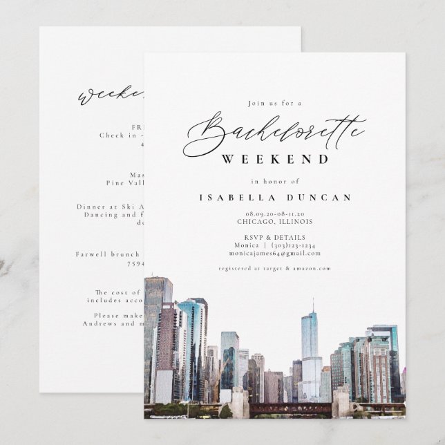 Invitación Watercolor Chicago Bachelorette Itinerary y (Anverso / Reverso)