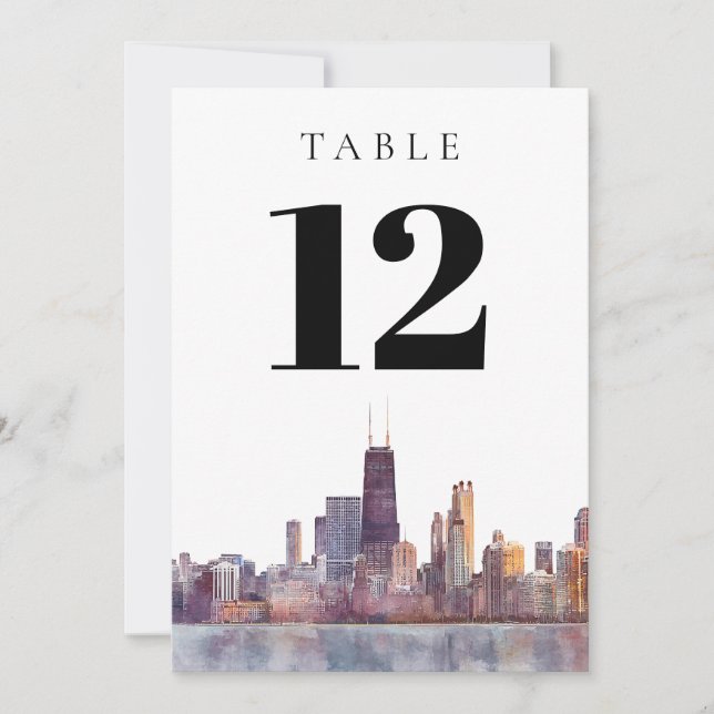 Invitación Watercolor Chicago Skyline Table Number (Anverso)