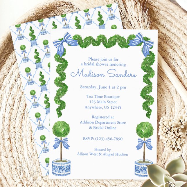 Invitación Watercolor Chinoiserie Blue Bow Topiary (Subido por el creador)