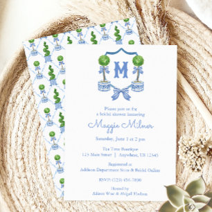Invitación Watercolor Chinoiserie Escudo Monograma Blue Topia