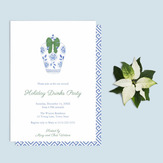 Invitación Watercolor Chinoiserie Moda Navidades inteligentes (Blue And White Ginger Jar With Green bow hand painted watercolor holidays party invitation)