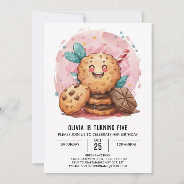Invitación Watercolor Chocolate Editable Cookies Cumpleaños (Anverso)