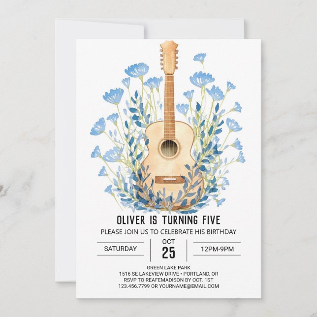 Invitación Watercolor Chord Guitar Boy Cumpleaños (Anverso)